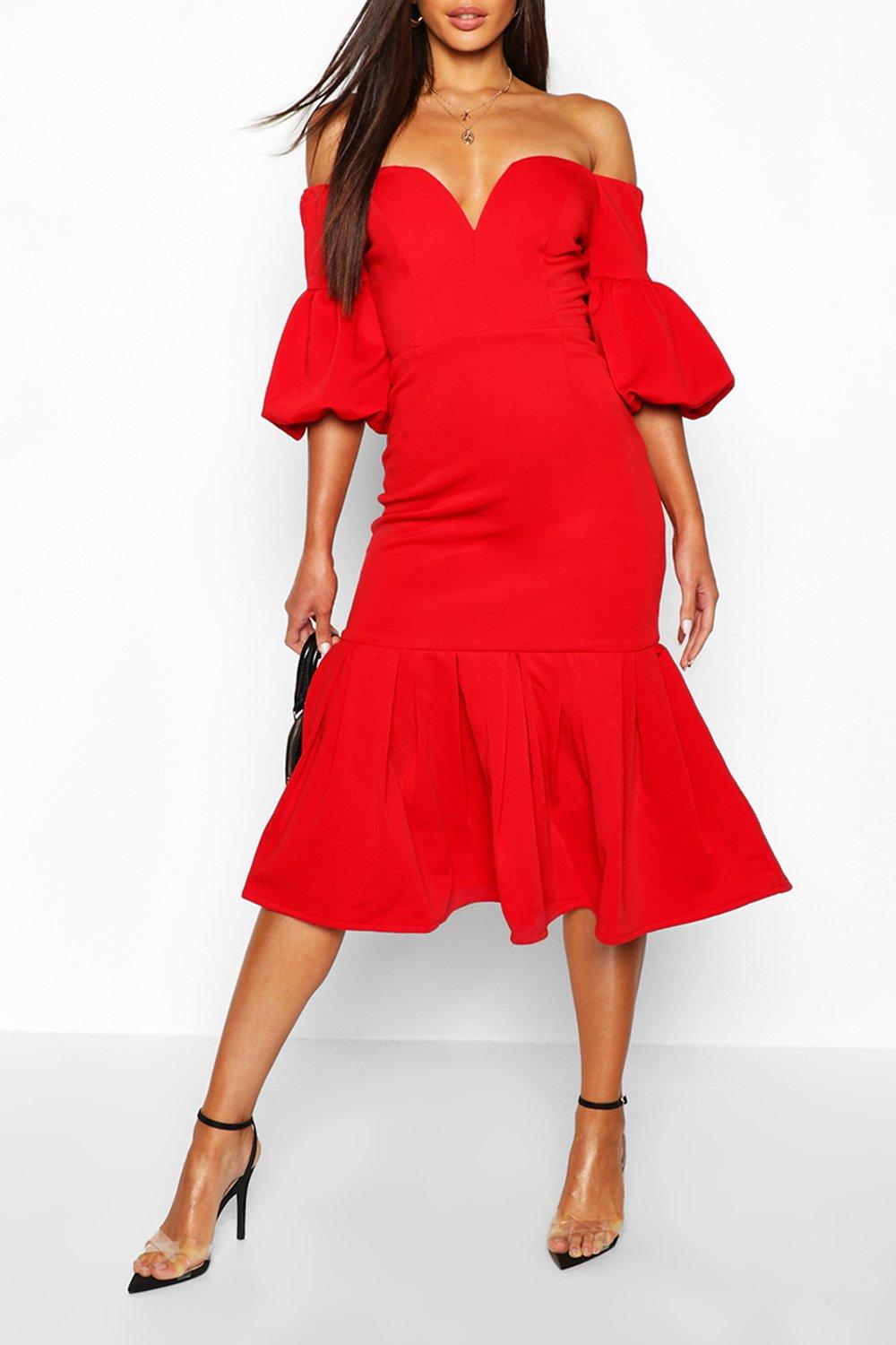 Red bardot frill hem best sale midi dress