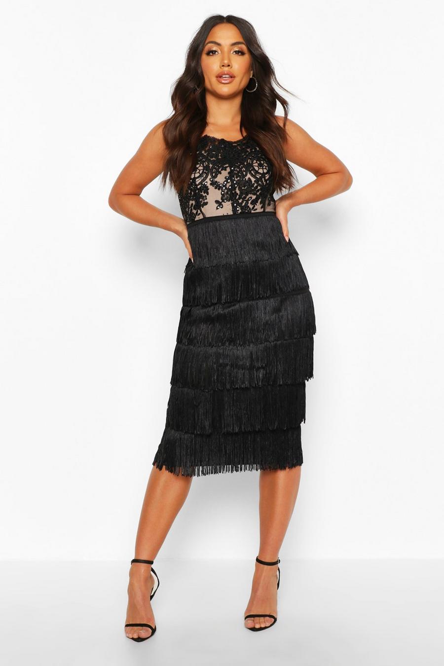 Black Sequin Lace Tassel Detail Midi Dress