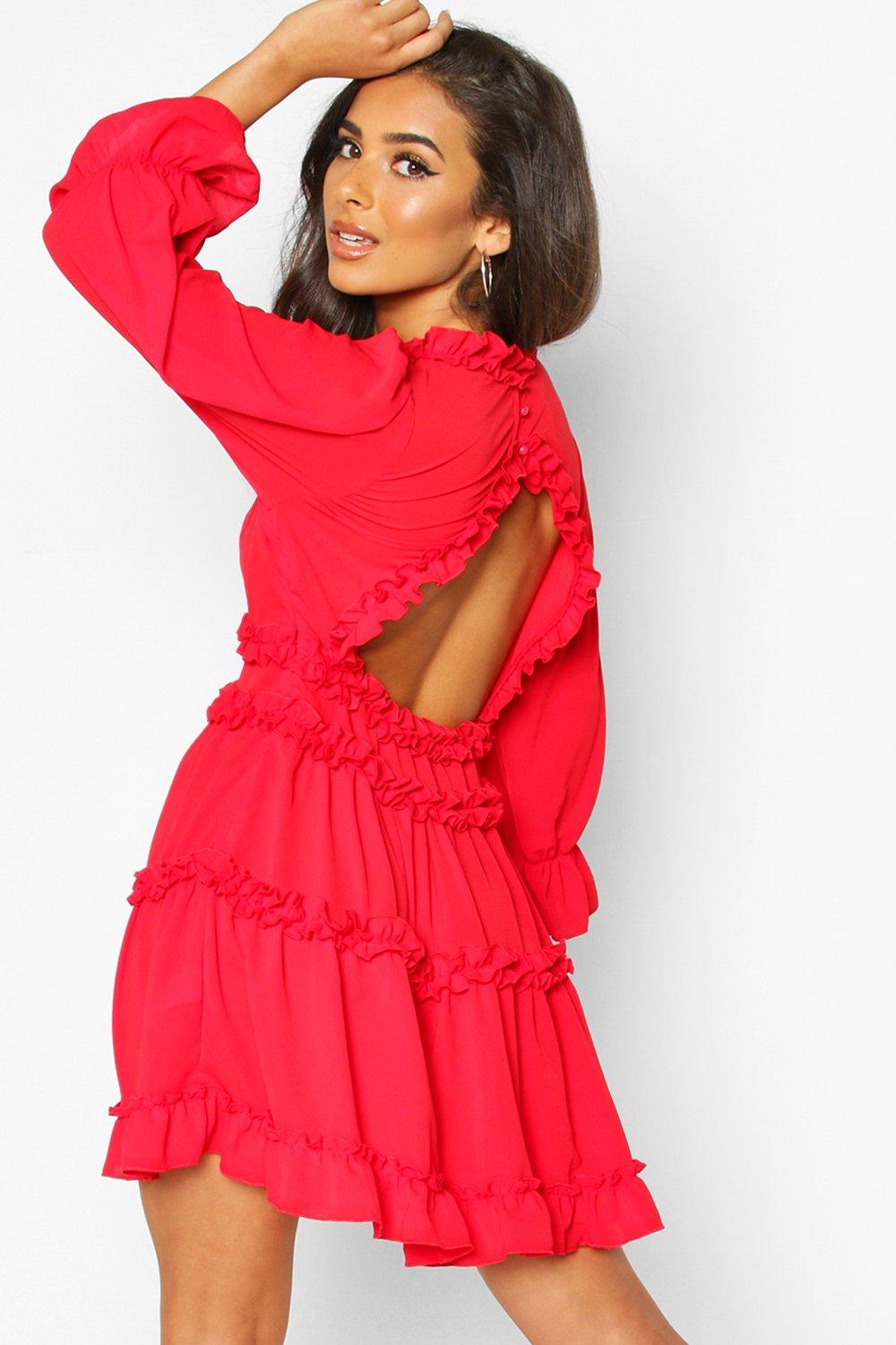 boohoo red ruffle dress