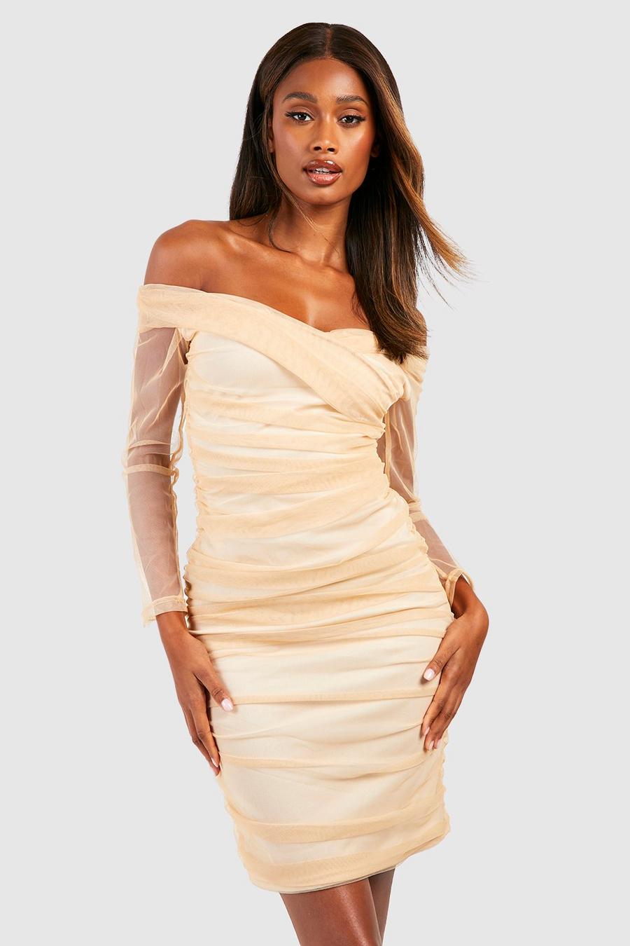 Nude Off Shoulder Ruched Mesh Bodycon Midi Dress image number 1