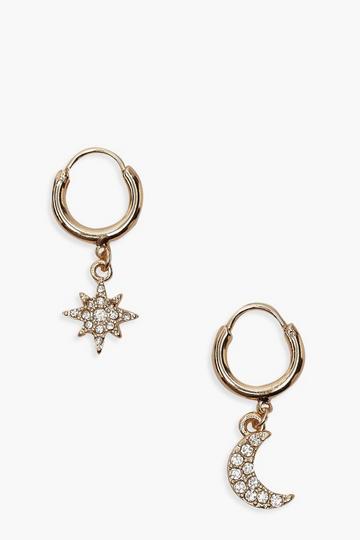 Gold Metallic Star And Moon Diamante Huggie Hoop Earrings