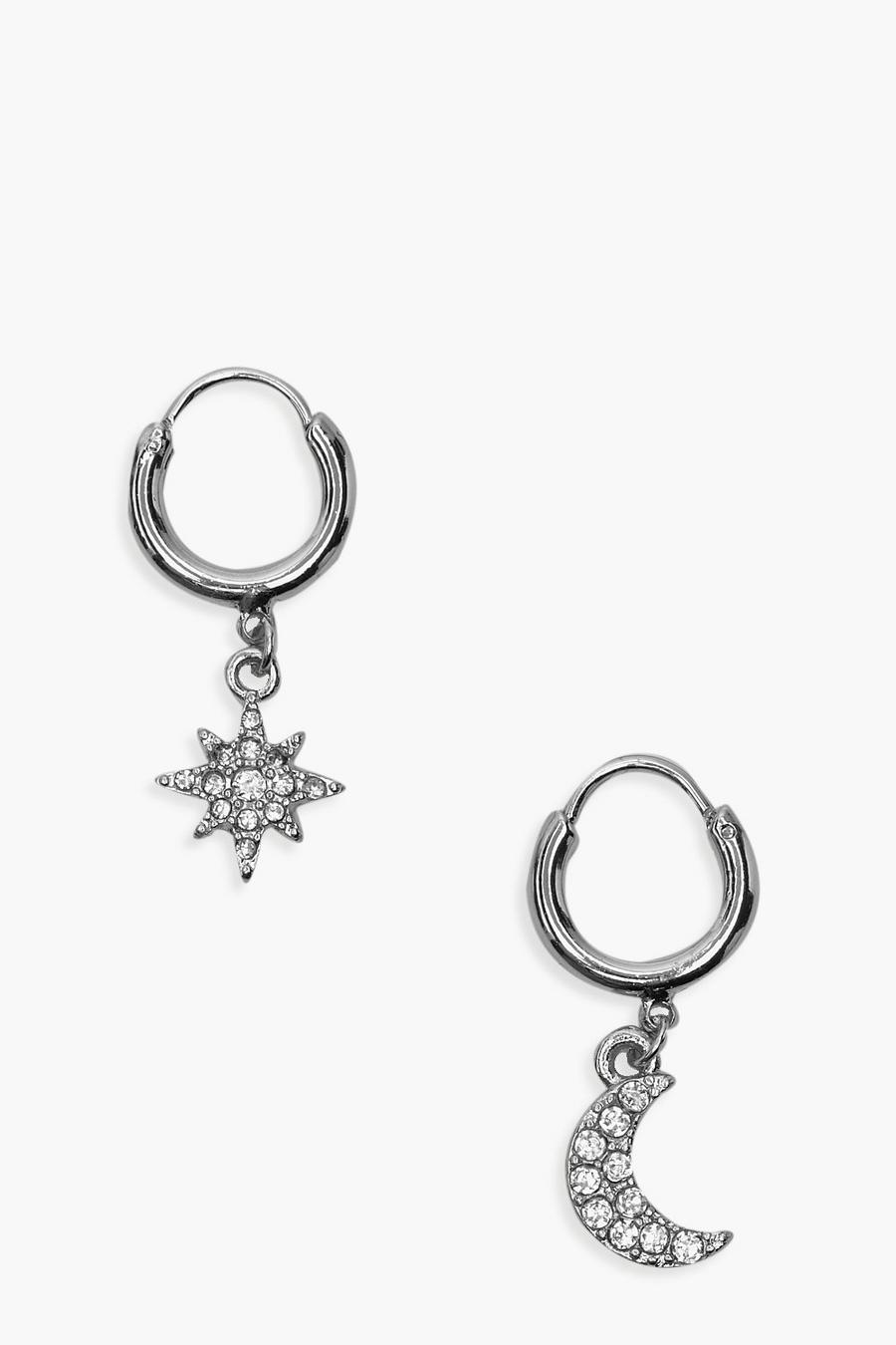 Silver argent Star And Moon Diamante Huggie Hoop Earrings