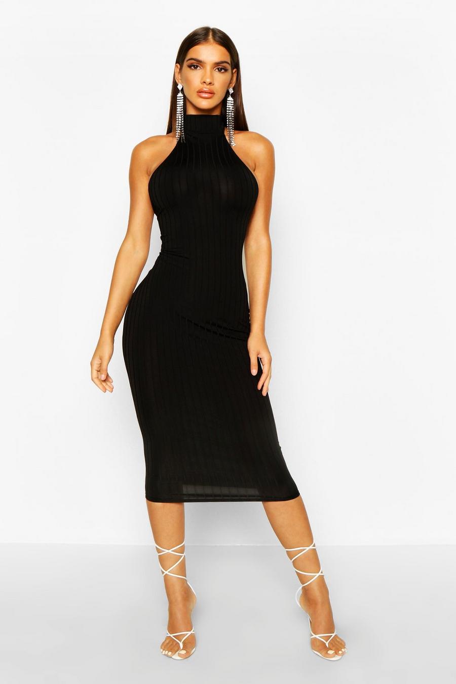 Black Ribbed Racer Front Midi Bodycon Dress image number 1