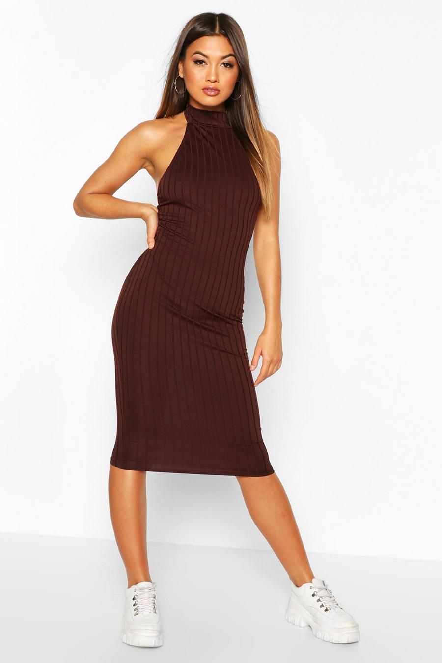 Chocolate Ribbed Racer Front Midi Bodycon Dress image number 1