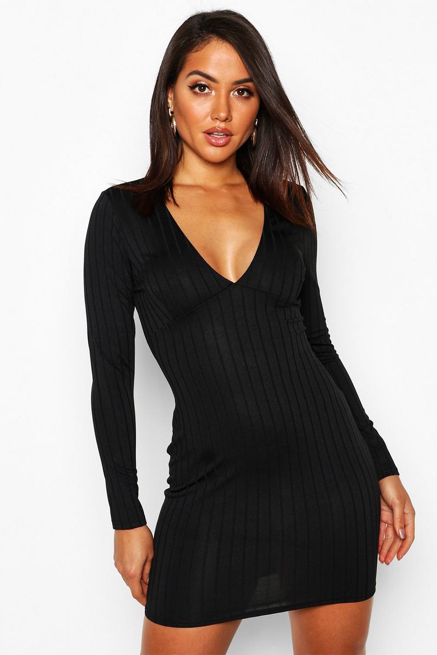 Ribbed Plunge Mini Bodycon Long Sleeve image number 1