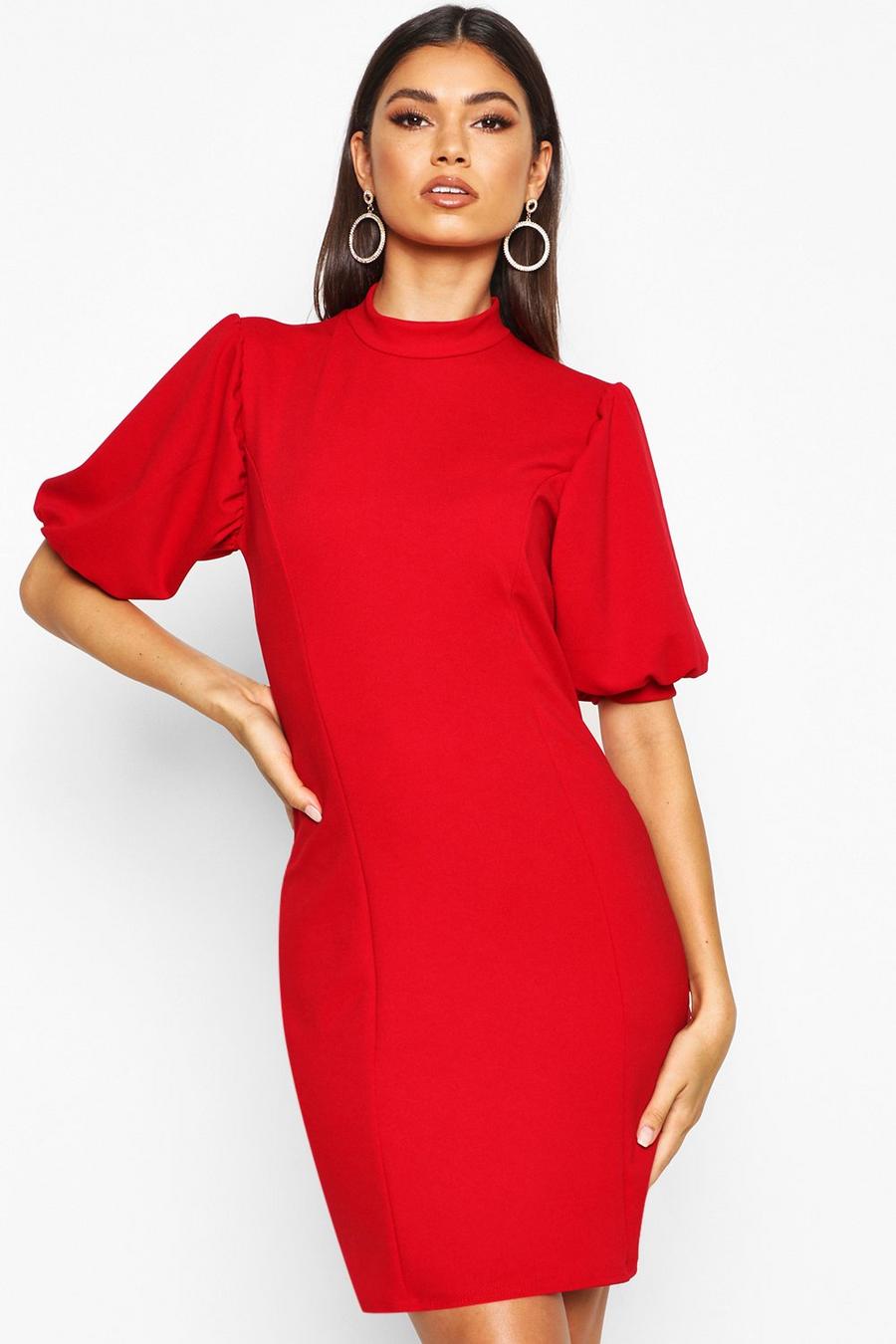 Red Basic Puff Sleeve Bodycon Dress image number 1