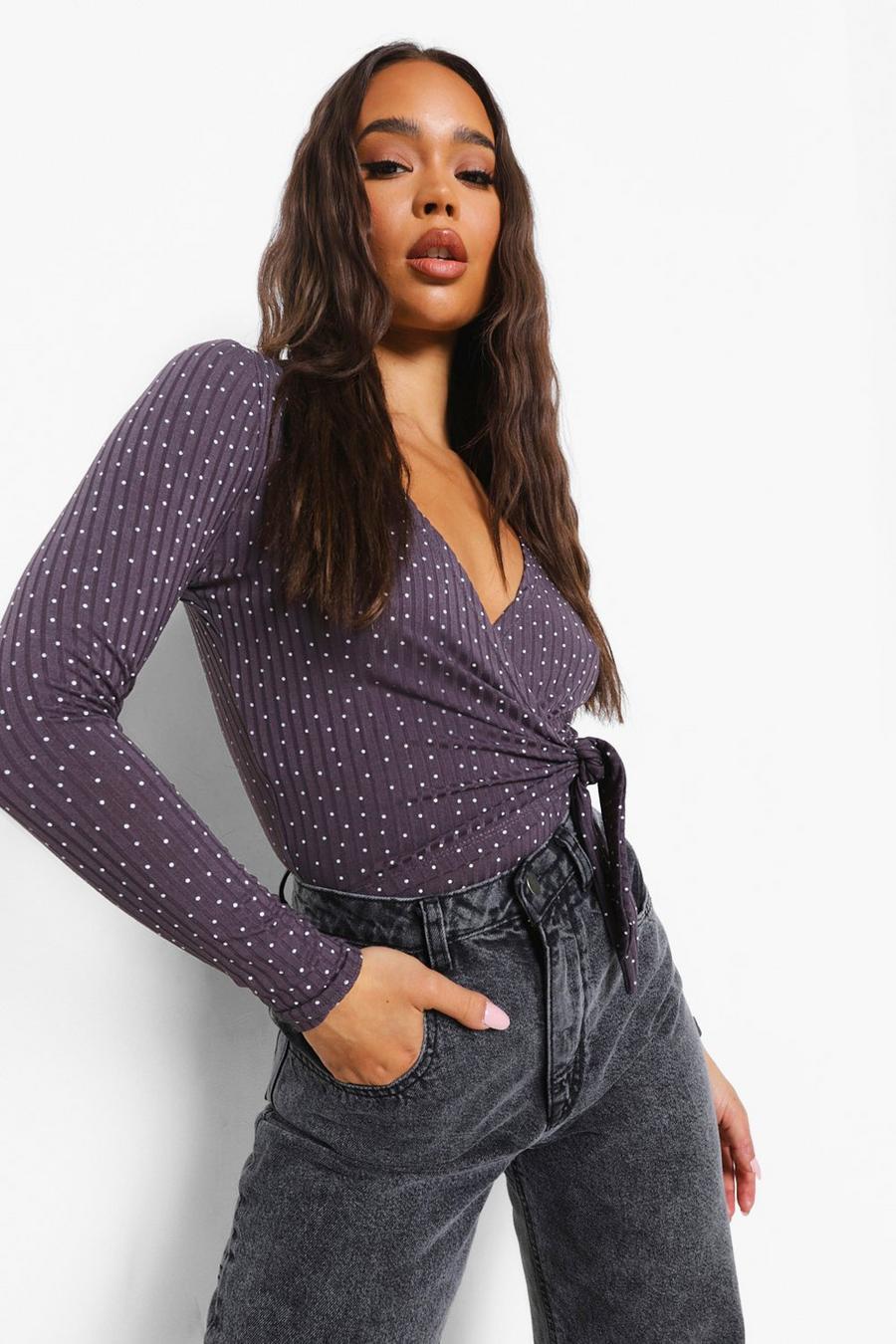 Charcoal Polka Dot Rib Long Sleeve Tie Front Bodysuit image number 1