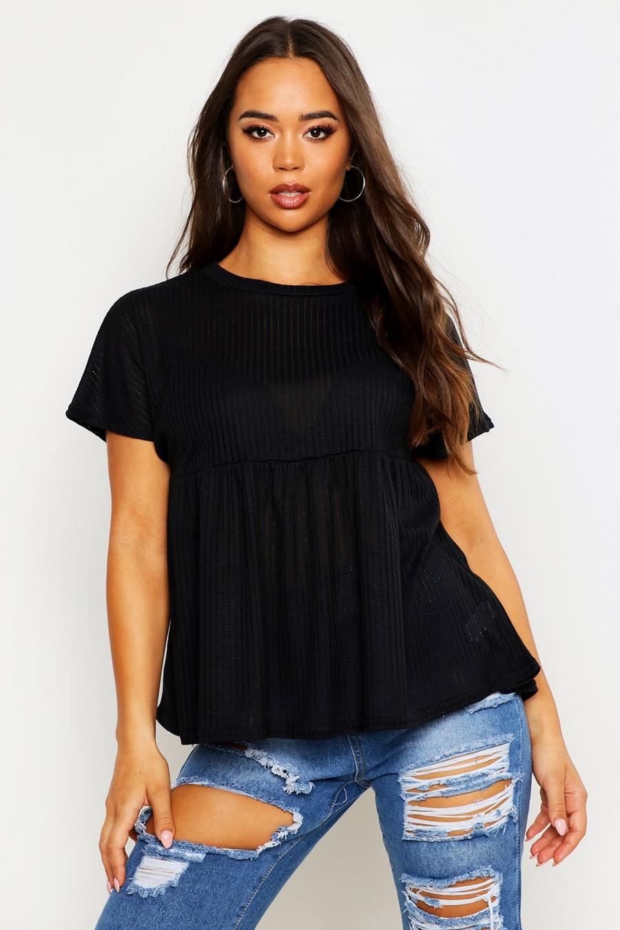 Black Textured Rib Smock Top image number 1