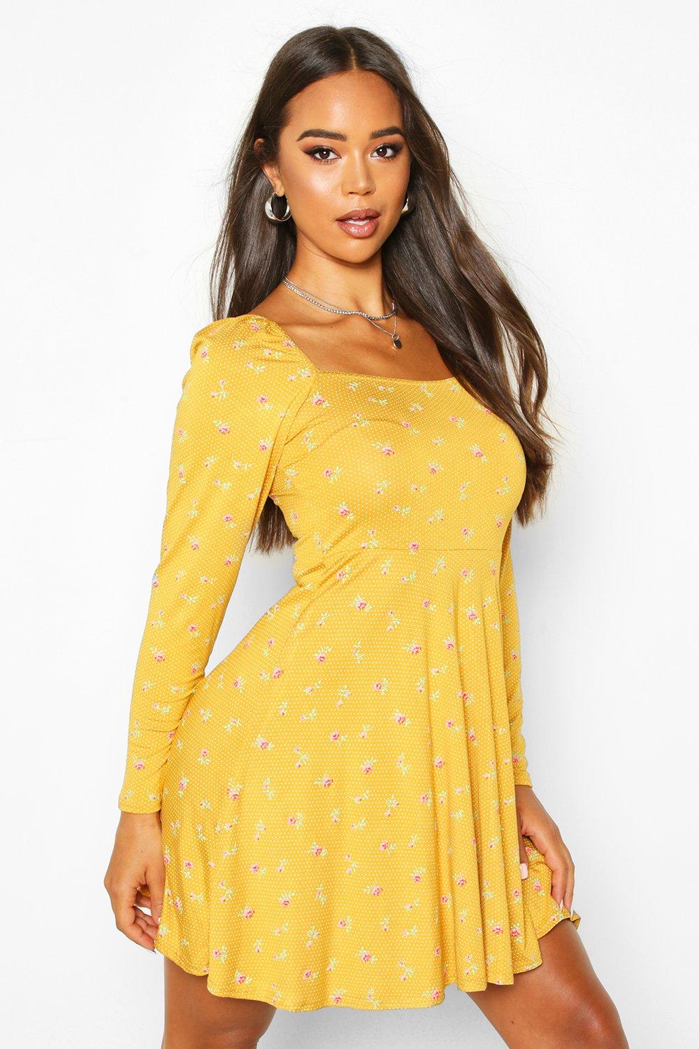 yellow long sleeve skater dress