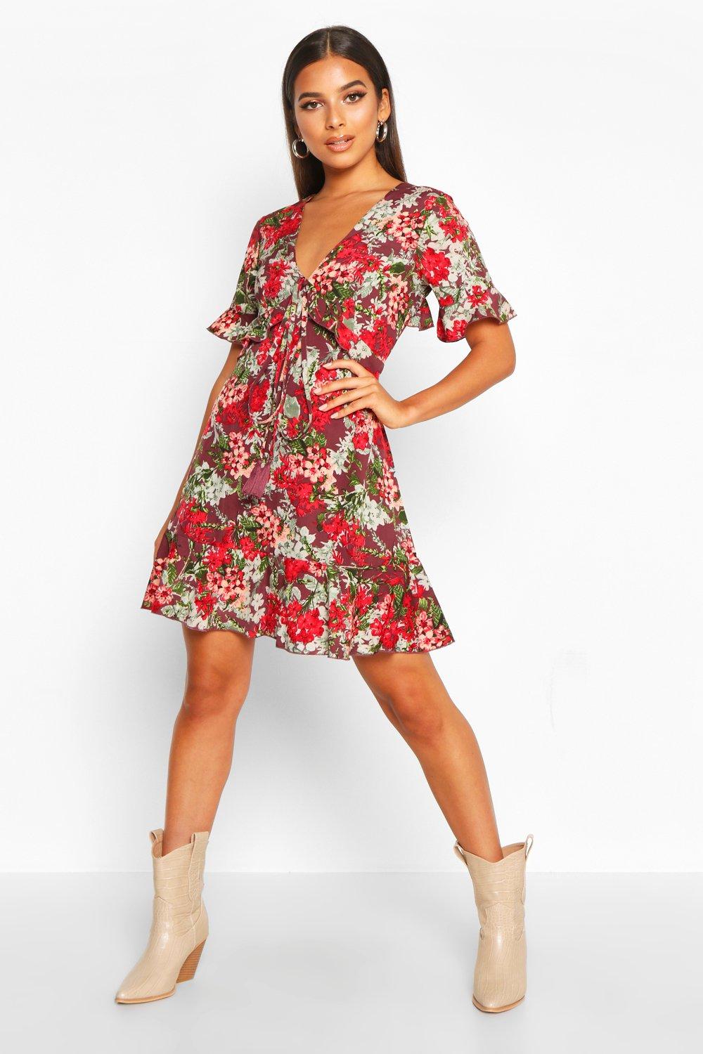 boohoo red ruffle dress