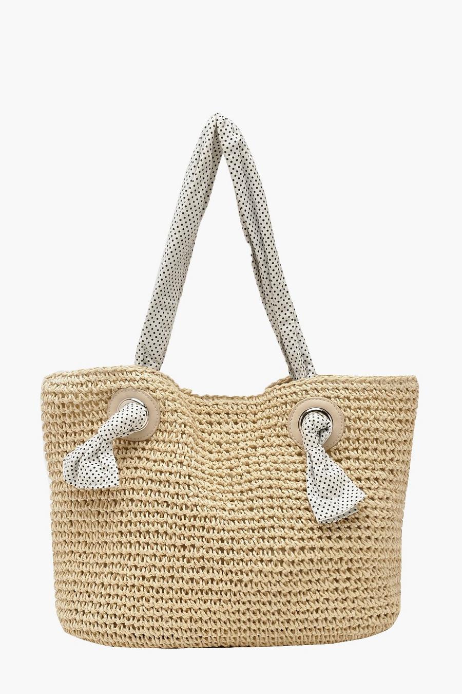 Straw Beach Bag With Spotty Handle, Natural image number 1
