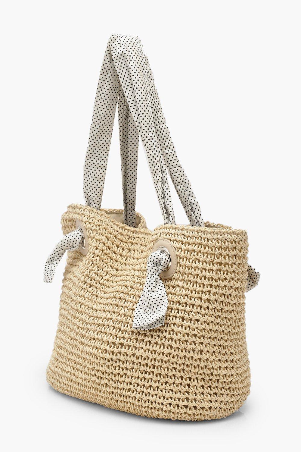 Straw Beach Bag With Spotty Handle