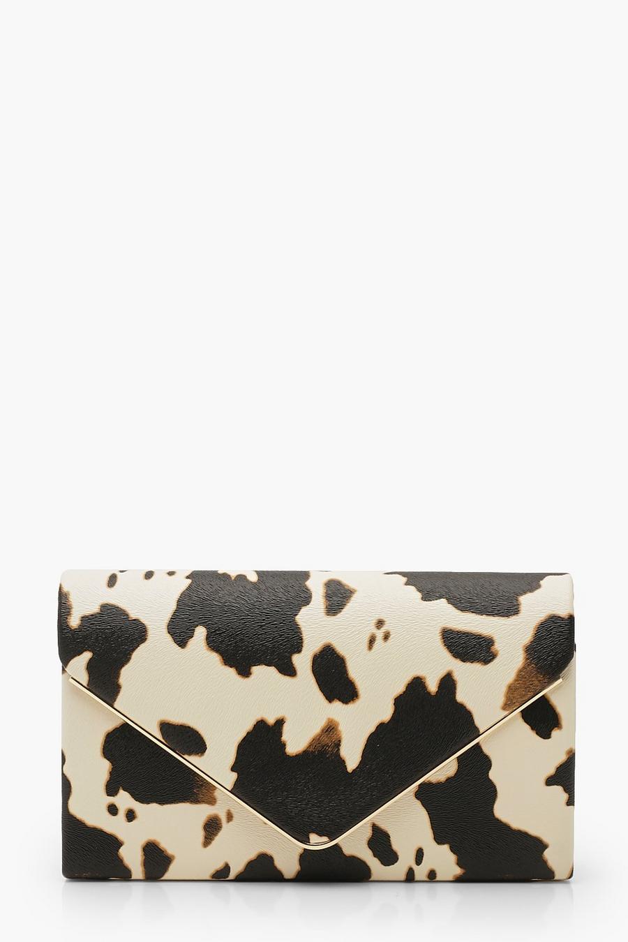 Bolso de mano con estampado de vaca y cadena, Negro image number 1