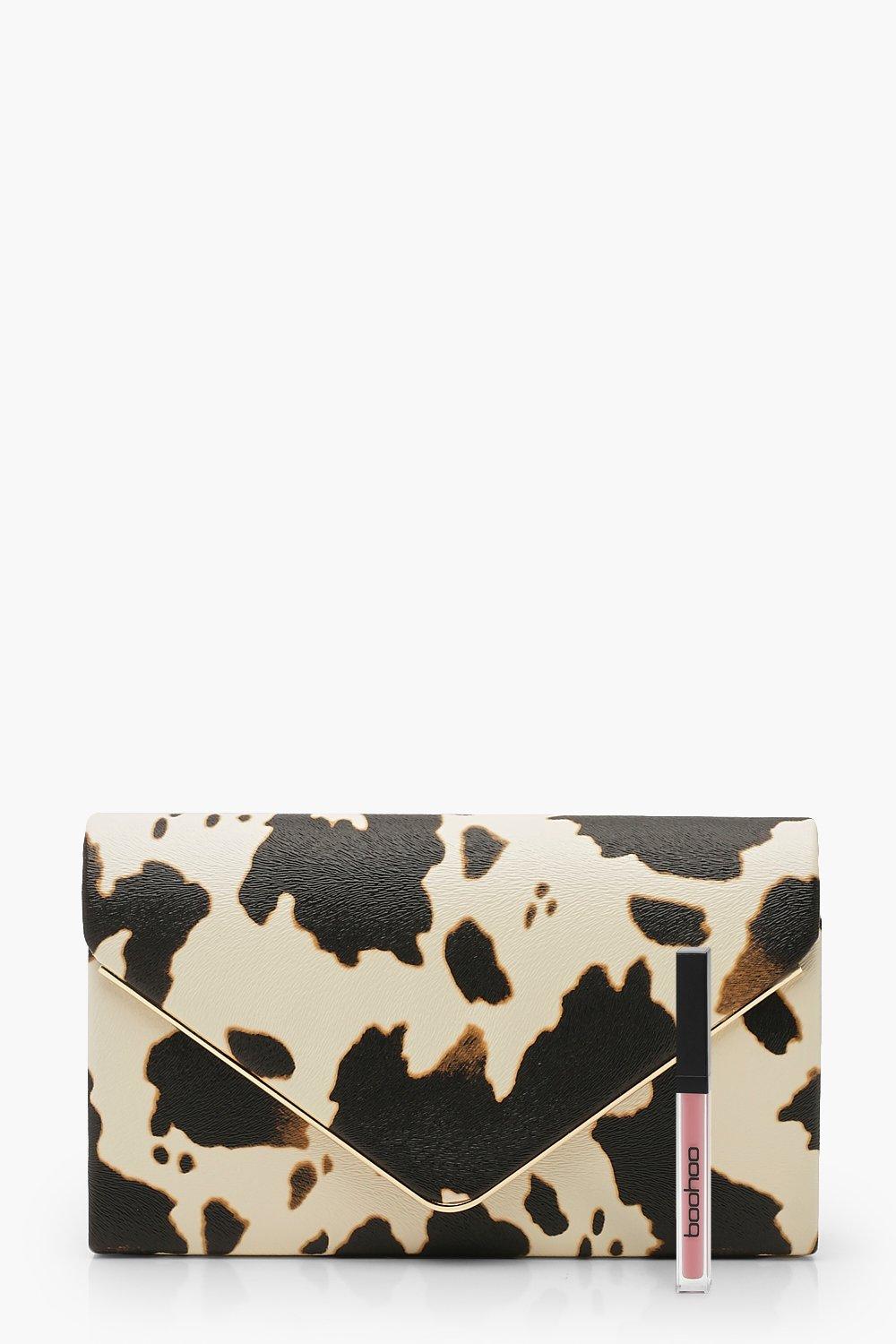 Bolso de mano con estampado de vaca y cadena boohoo