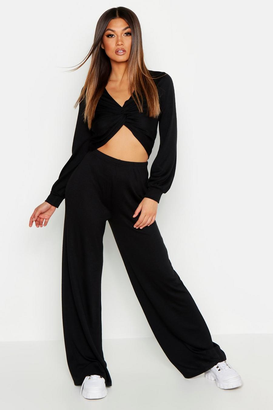 Twist Front Rib Top & Wide Leg Pants Two-Piece image number 1