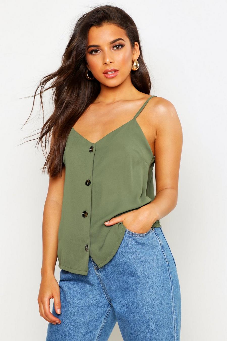 Khaki Button Front Woven Cami Top image number 1