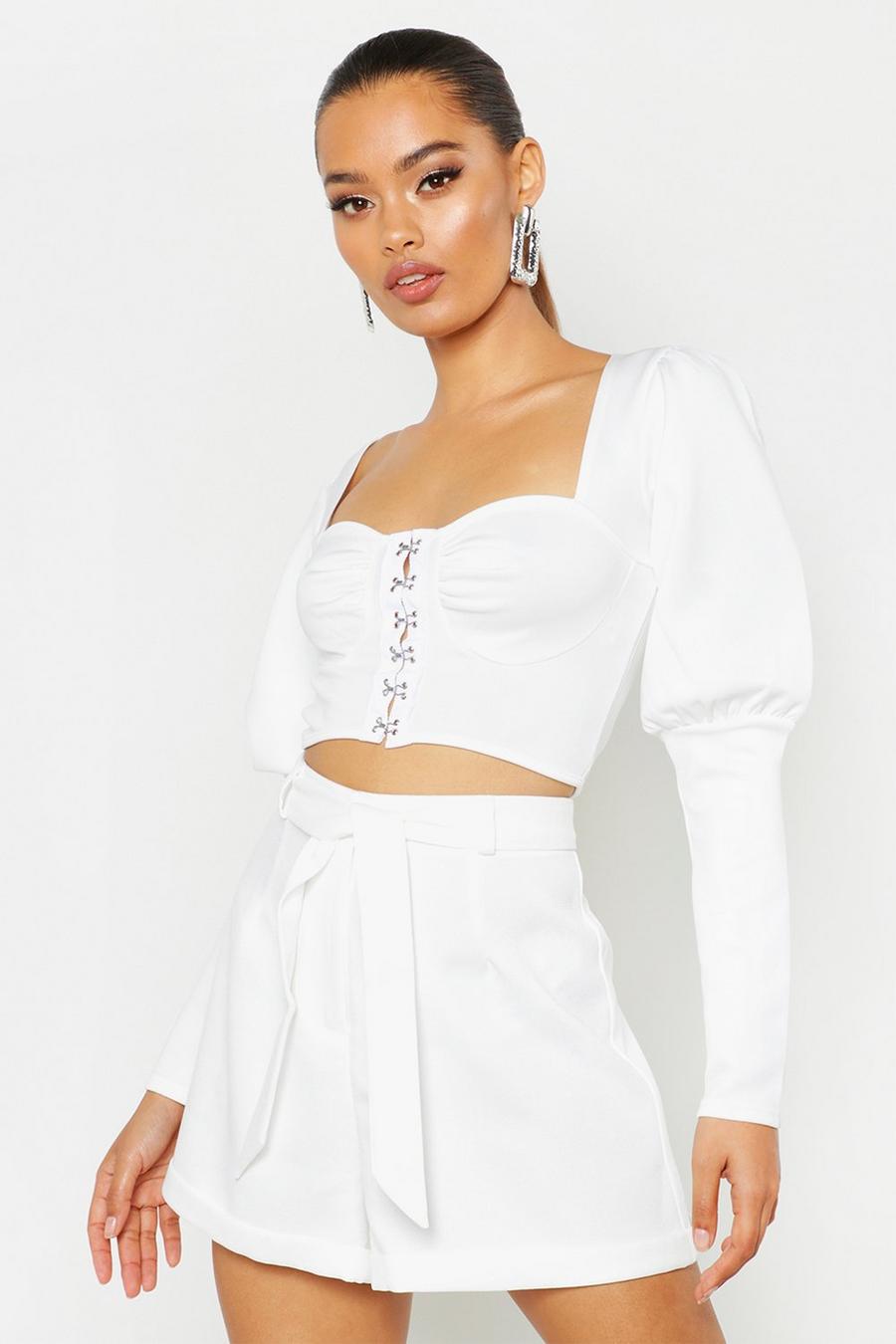 Corset Detail Puff Sleeve Crop Top, White image number 1