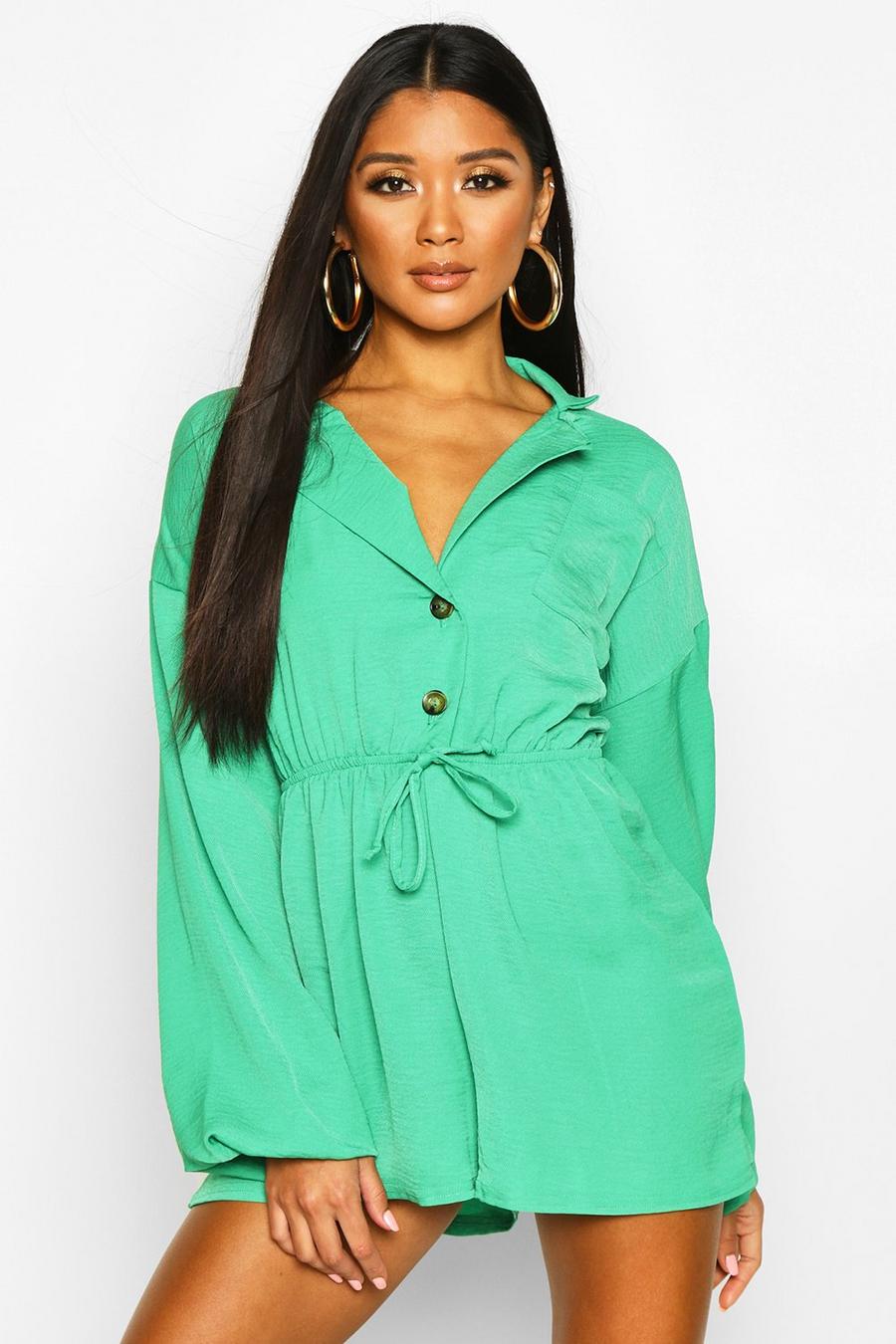 Green Button Drawstring Playsuit image number 1