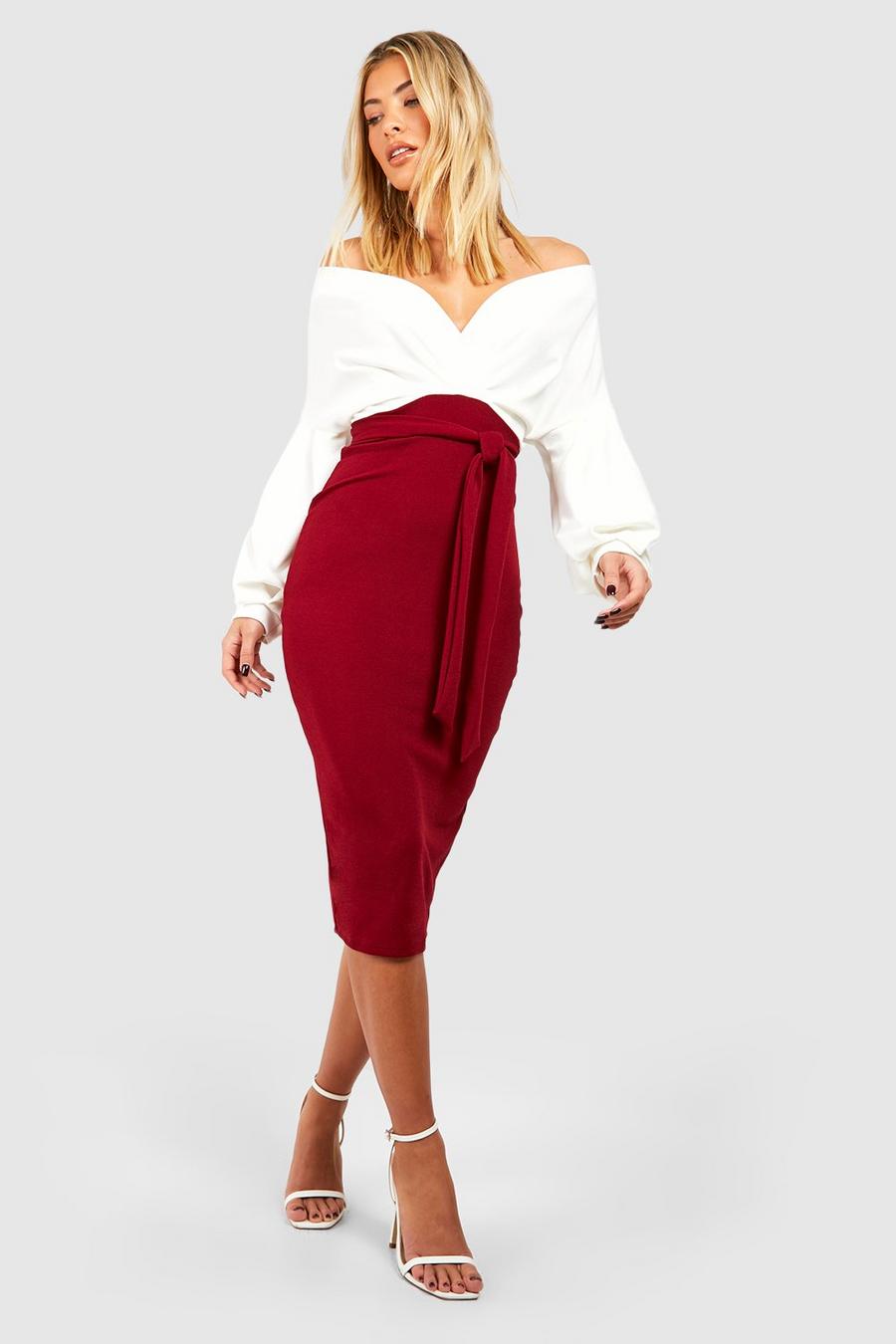 Berry red Contrast Off Shoulder Wrap Midi Dress
