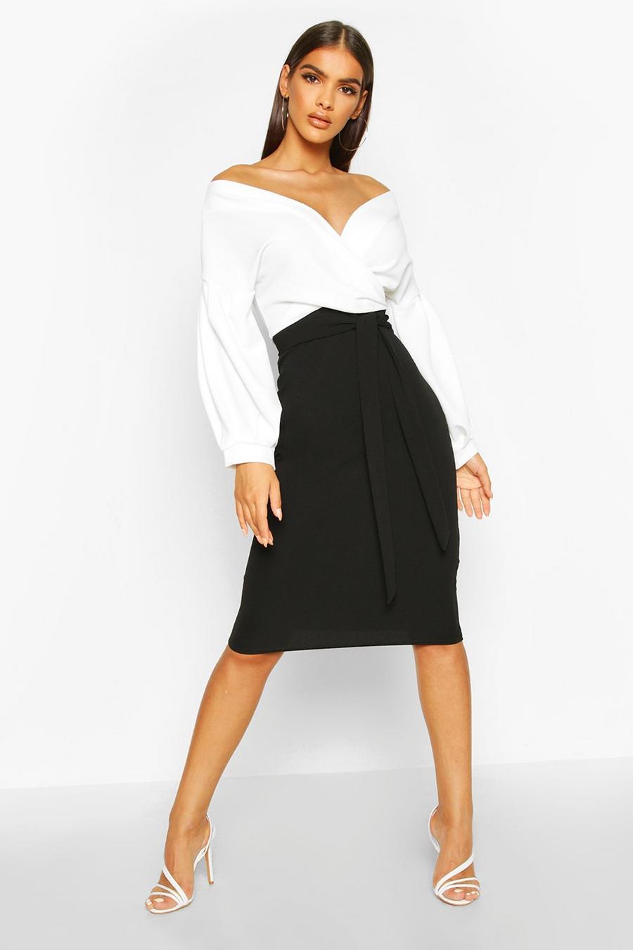 Black Contrast Off Shoulder Wrap Midi Dress image number 1