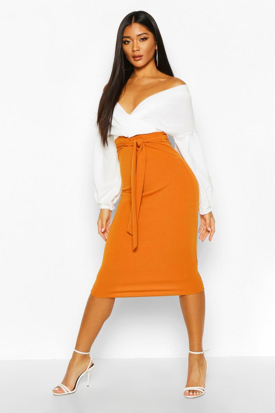 Desert sand orange Contrast Off Shoulder Wrap Midi Dress