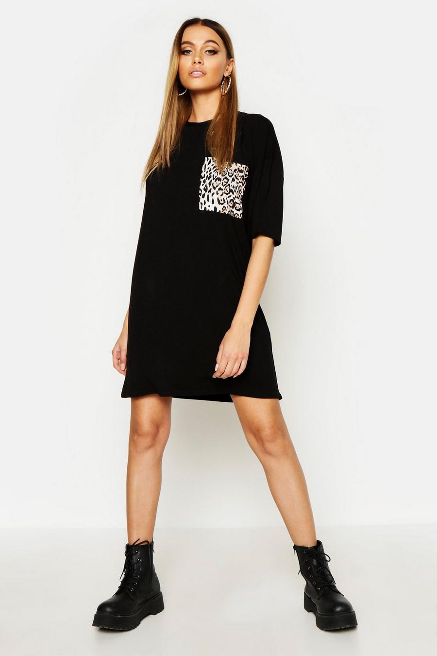Black Leopard Pocket T-Shirt Dress image number 1