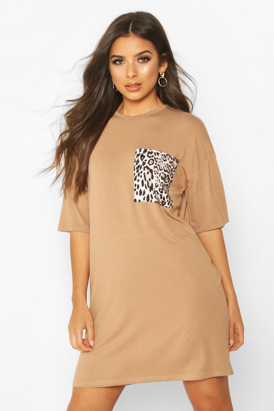 Robe t-shirt à poche léopard, Camel image number 1