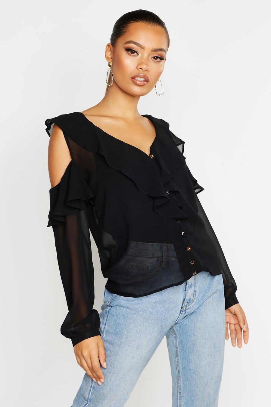 Black Chiffon Cold Shoulder Ruffle Top image number 1