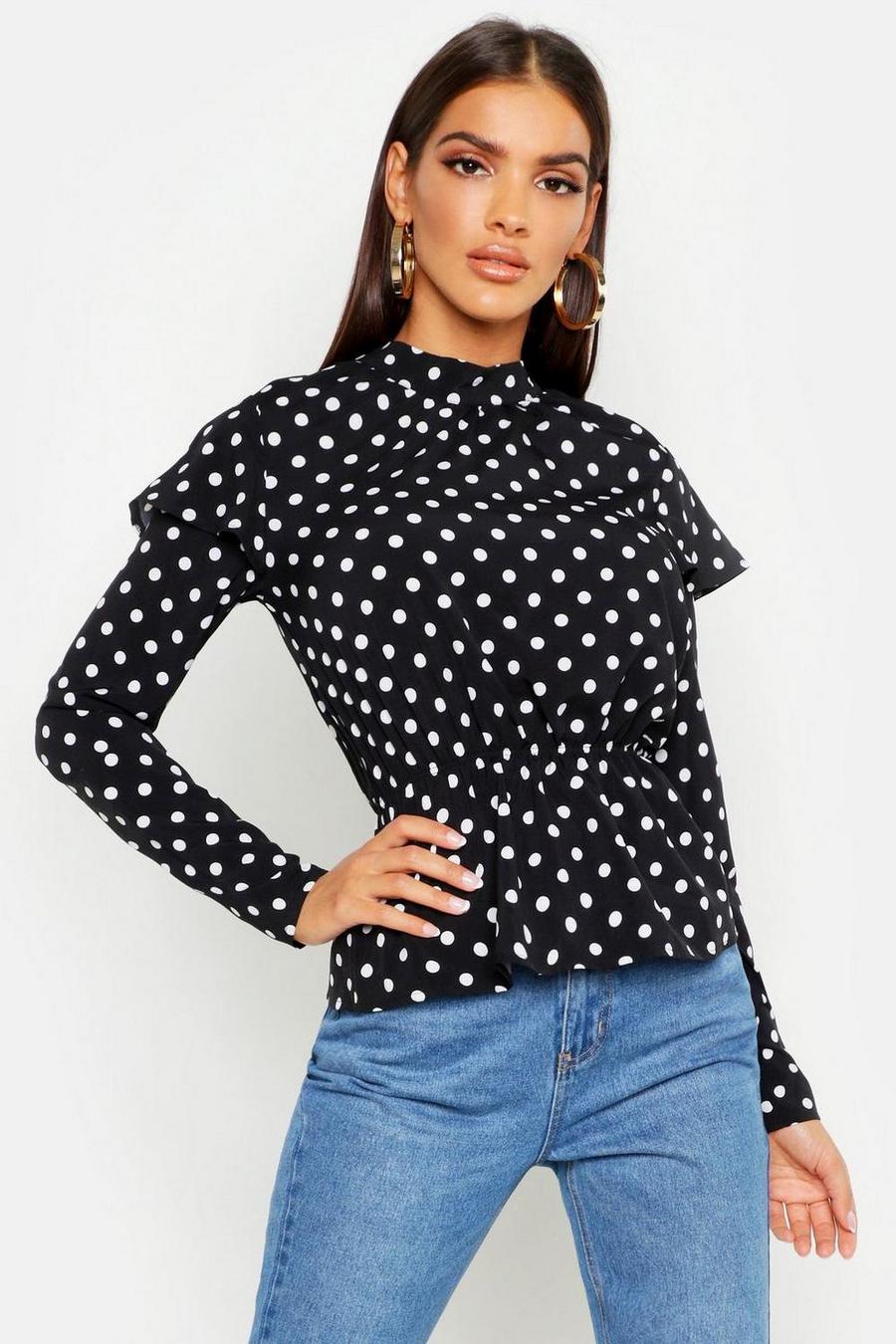 Hochgeschlossene Polka-Dot Bluse mit Rüschendetails image number 1