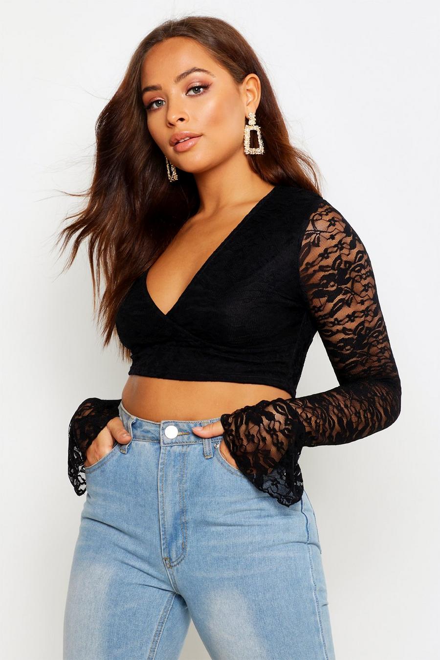 Lace Flute Sleeve Wrap Crop Top image number 1