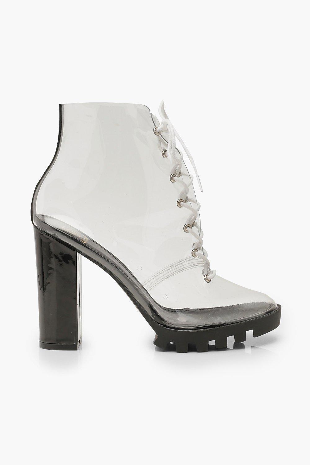 Clear Lace Up Block Heel Hiker Boots