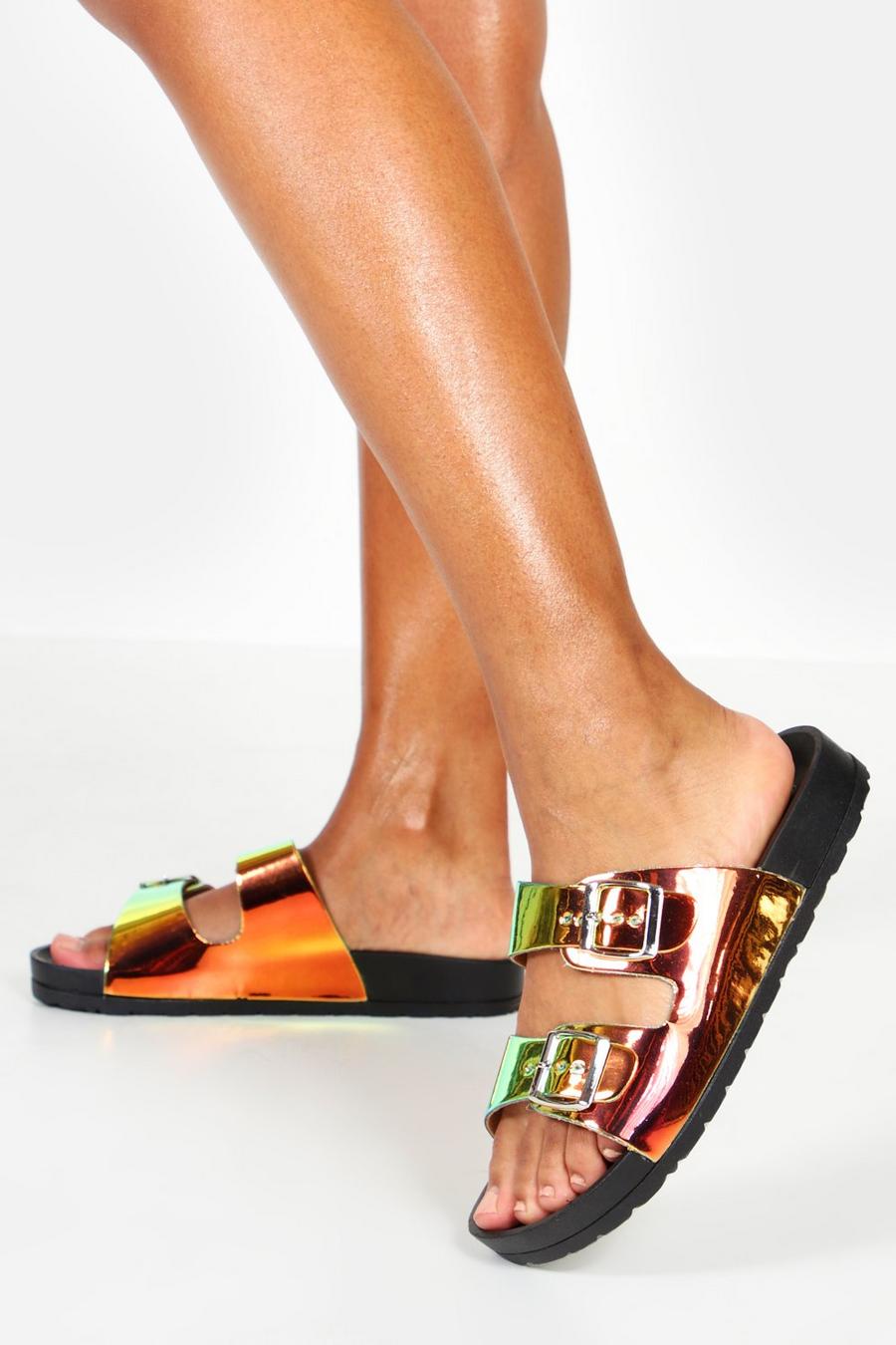 Iridescent Double Strap Footbed Sliders image number 1