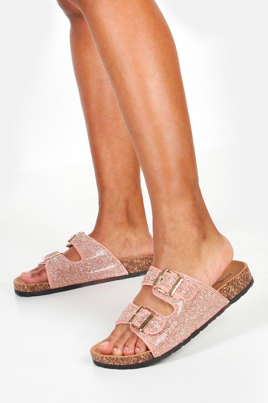 Diamante Double Strap Footbed Sliders image number 1