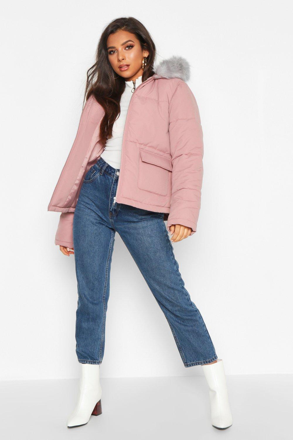 hooded faux fur trim puffer