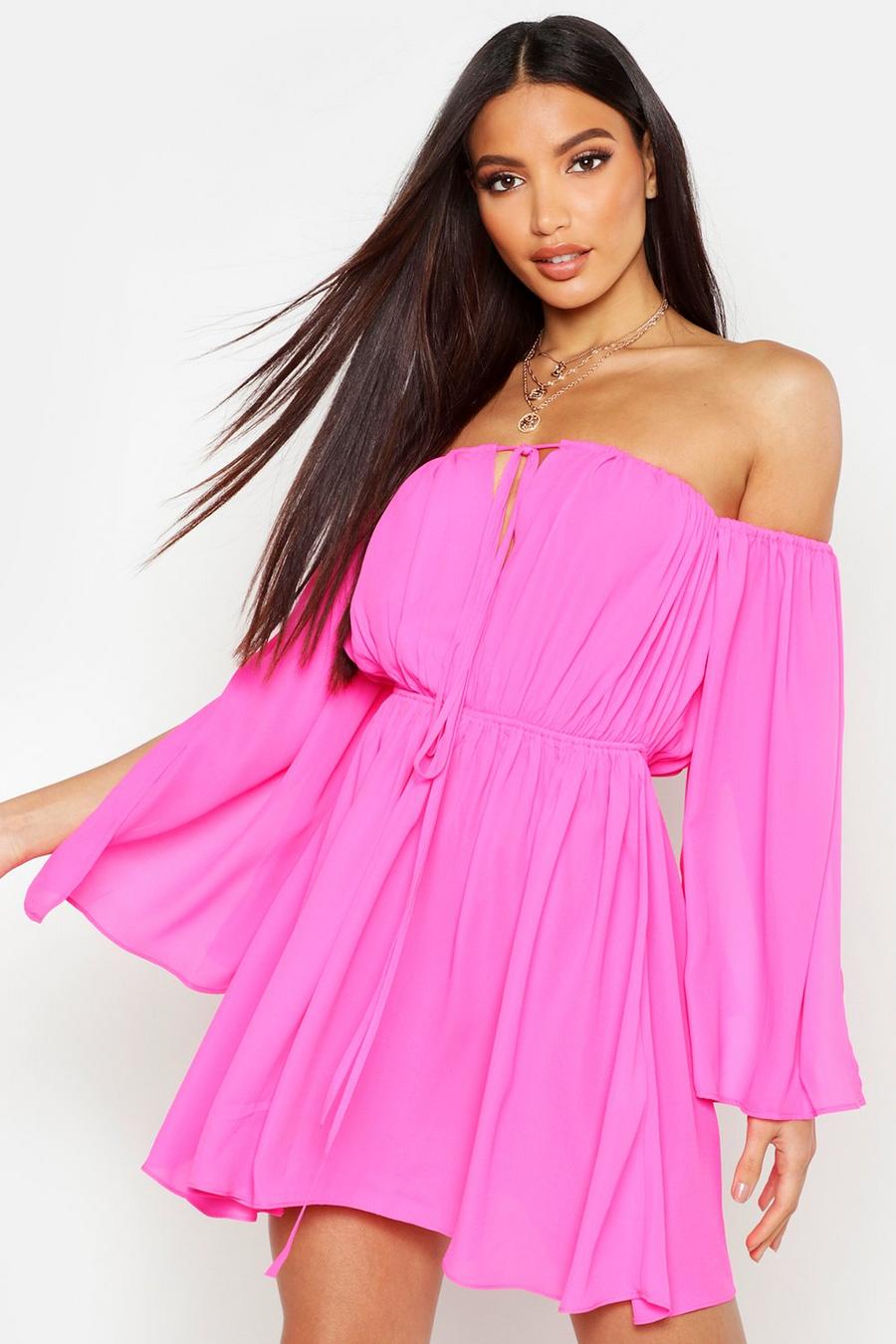 Hot pink Off The Shoulder Flare Sleeve Dress image number 1