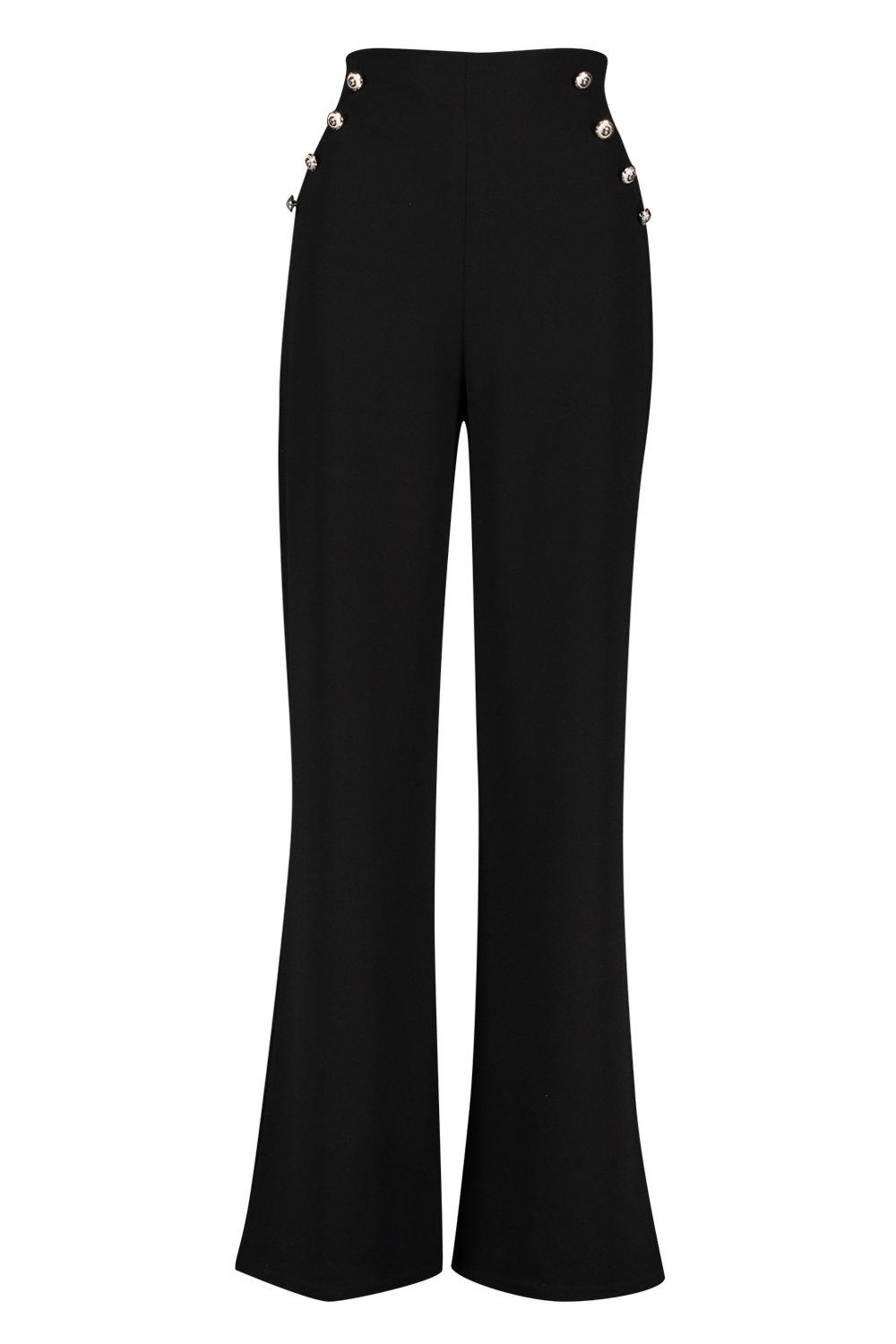 Button Front Wide Leg Crepe Trousers