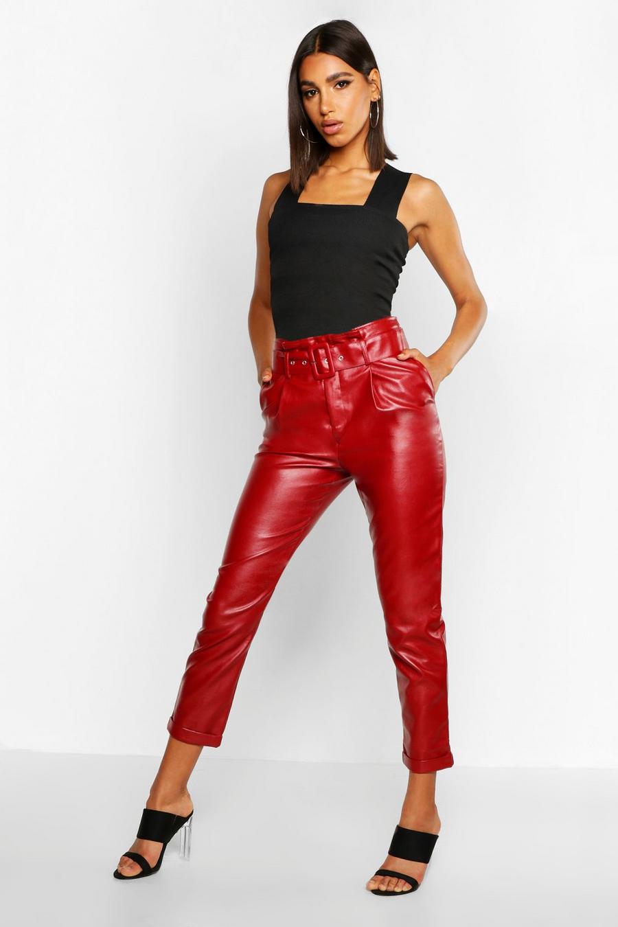 Berry Leather Look Belted Tapered Trouser image number 1