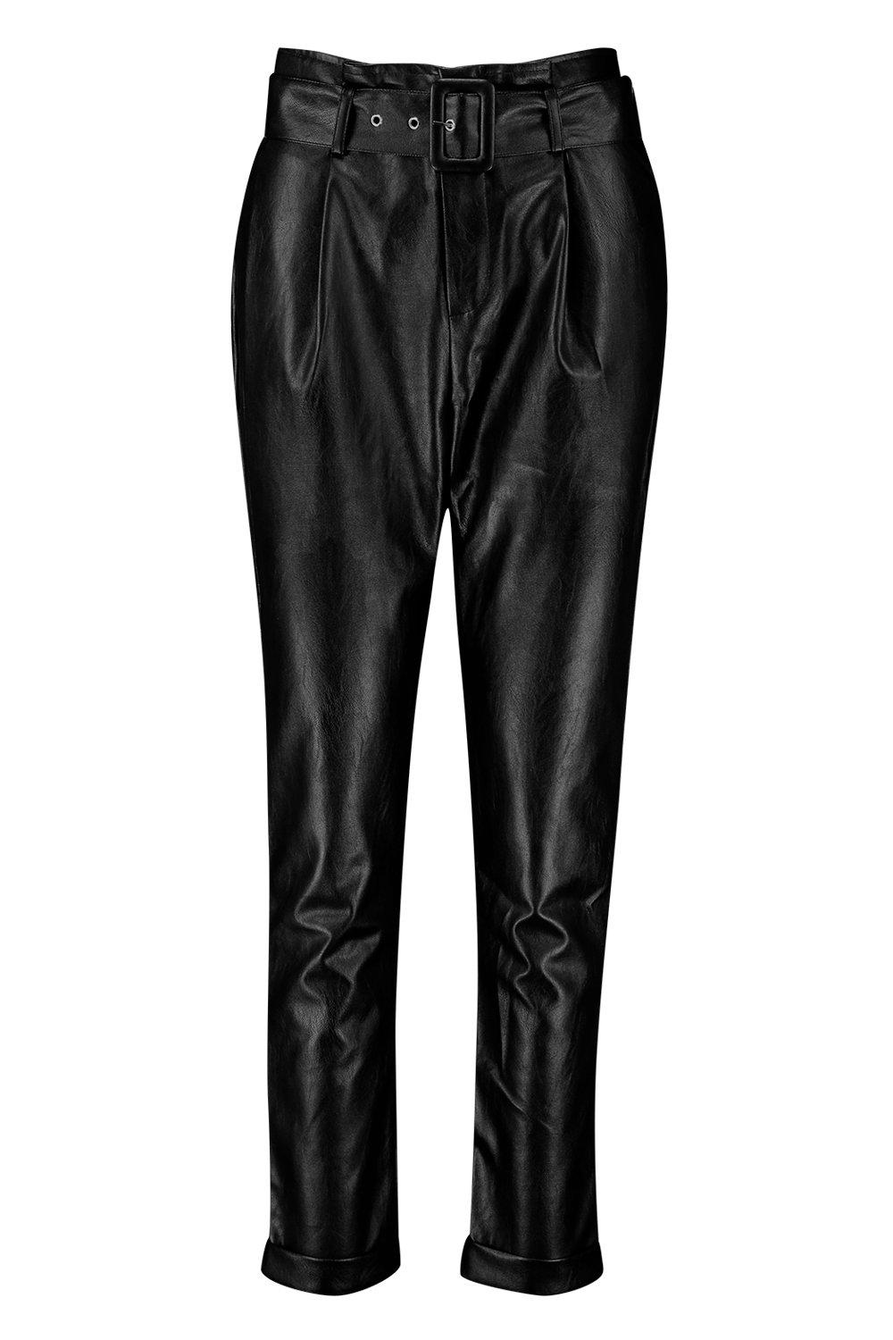 Faux Leather Belted Tapered Pants