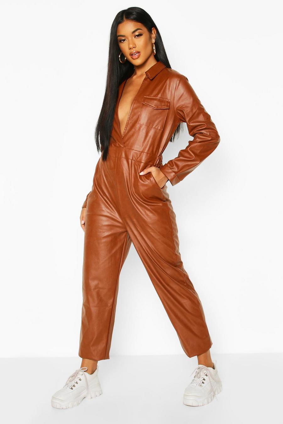 Chocolate Faux Leather Pocket Detail Boiler Suit image number 1