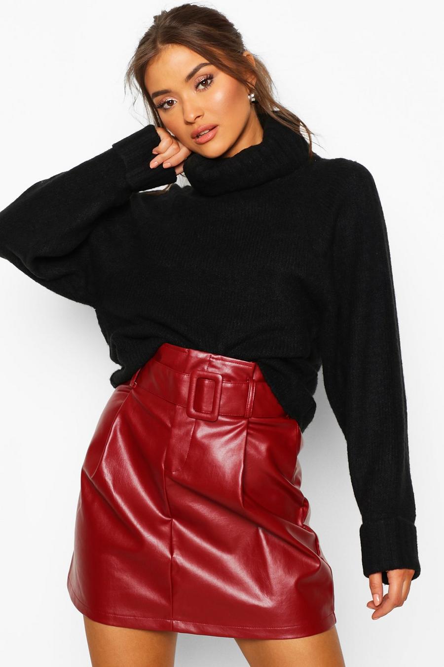 Berry Leather Look Belted Mini Skirt image number 1