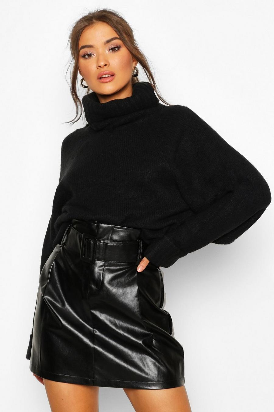 Black Leather Look Belted Mini Skirt image number 1