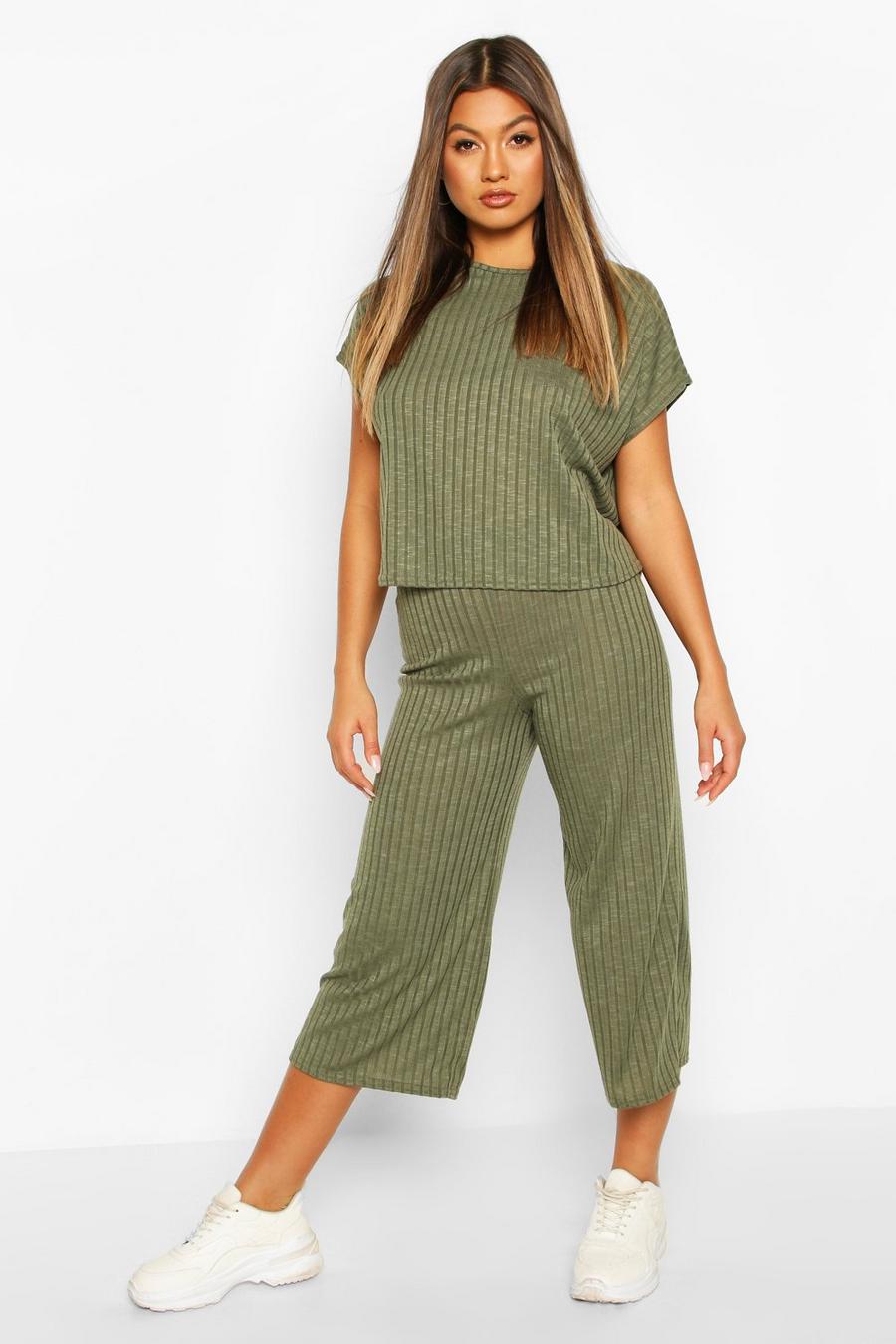 Khaki Rib Slouchy Top & Culotte Two-Piece Set image number 1