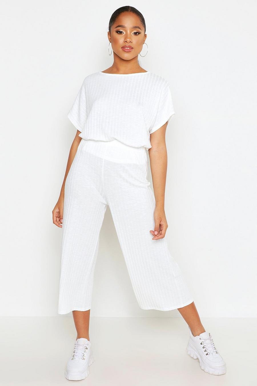 White Rib Slouchy Top & Culotte Two-Piece Set image number 1