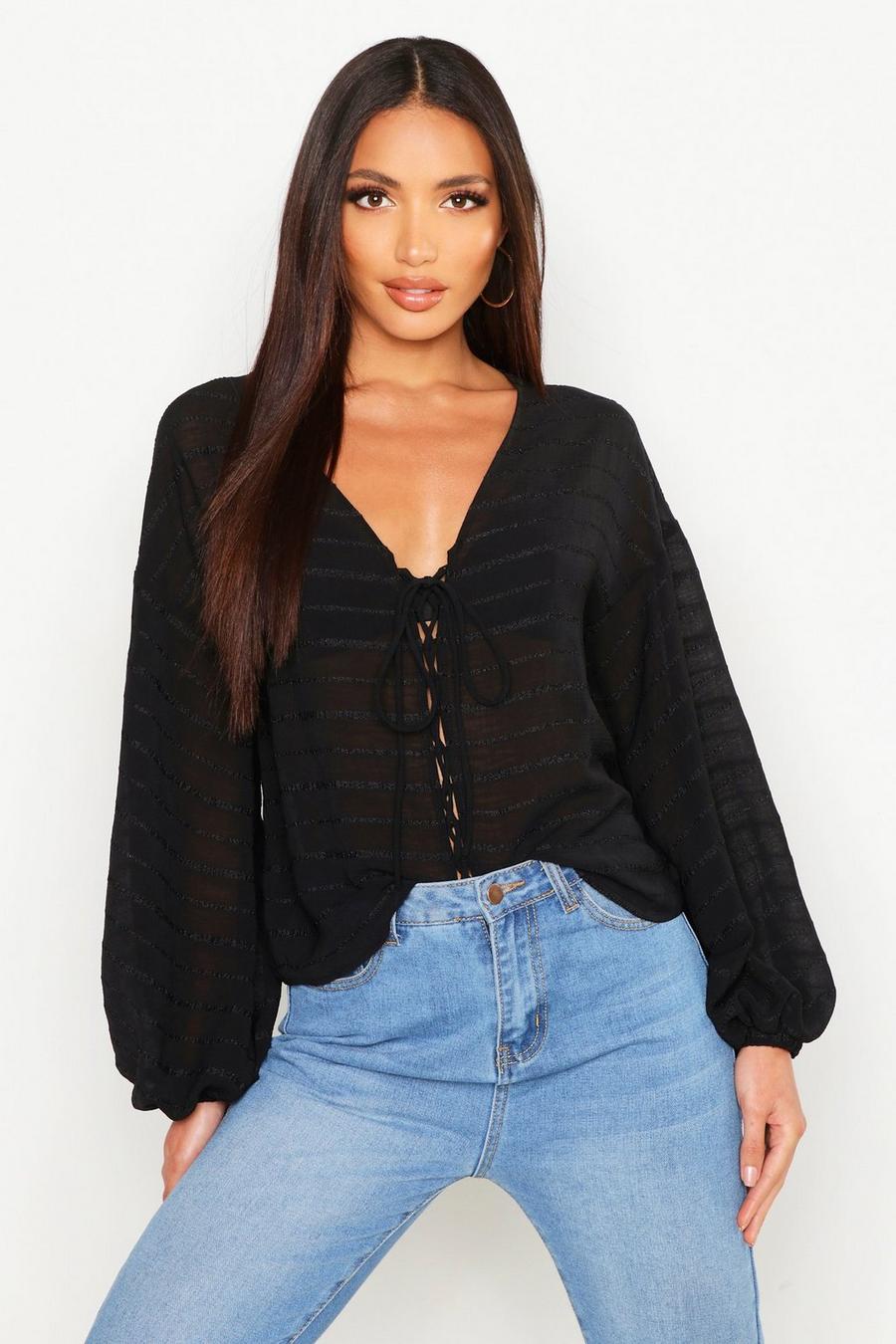 Black Woven Tonal Lace Up Balloon Sleeve Blouse image number 1