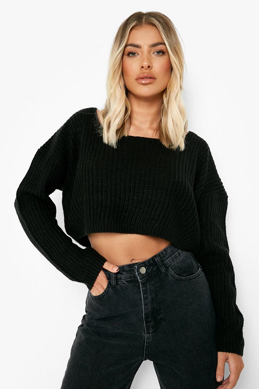 Black V-Back Cropped Sweater