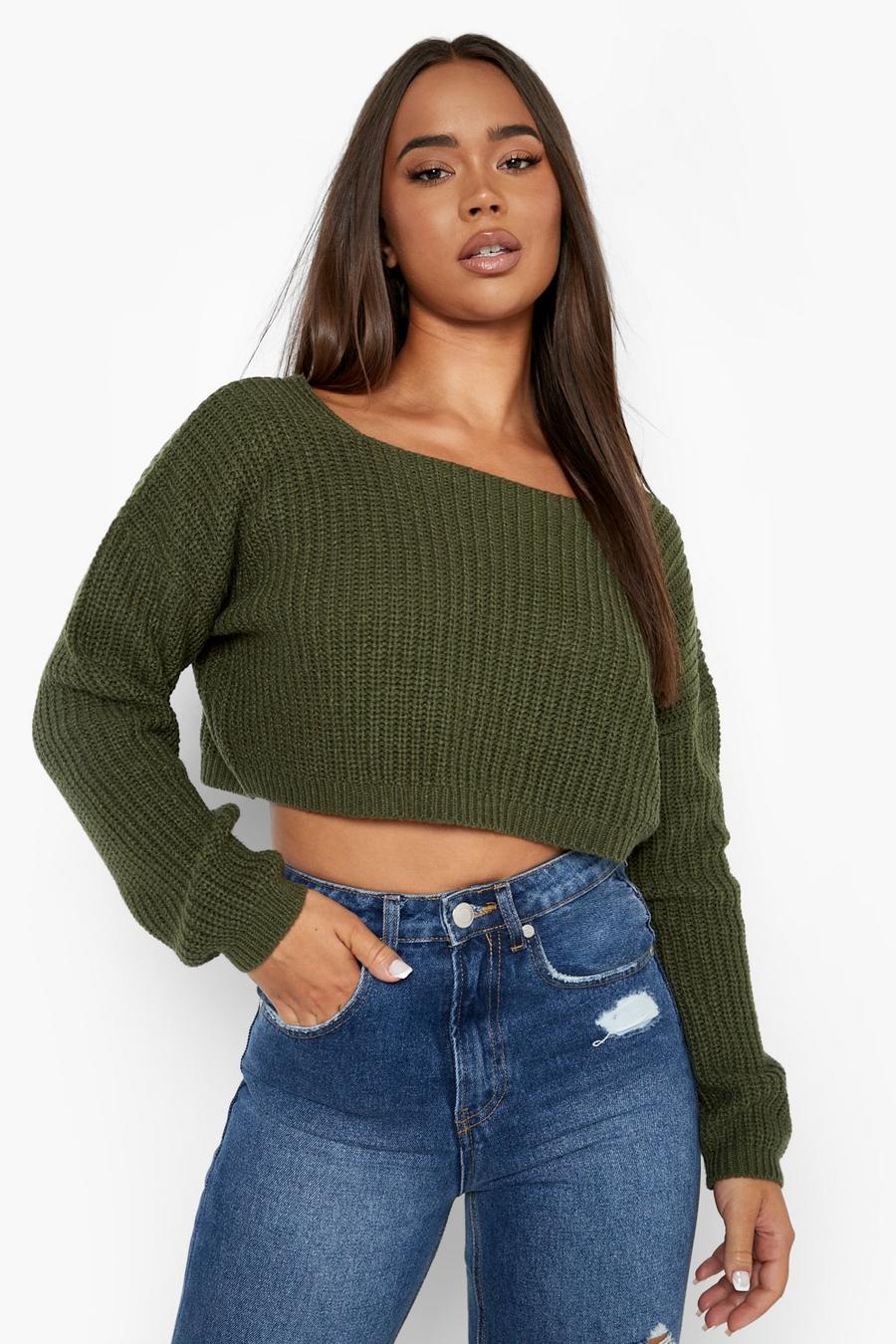 Olive V-Back Cropped Sweater image number 1