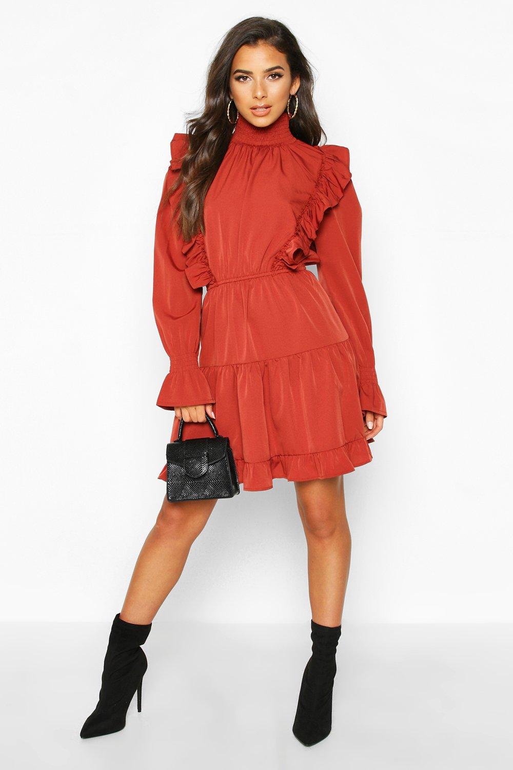 Women s Shirred High Neck Ruffle Midi Skater Dress Boohoo UK