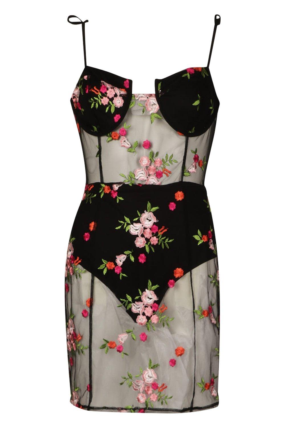 Black mesh floral embroidered strappy bodycon dress sale