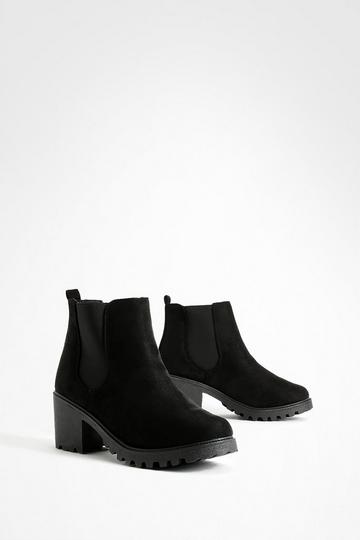 Black Wide Fit Faux Suede Chunky Chelsea Boots