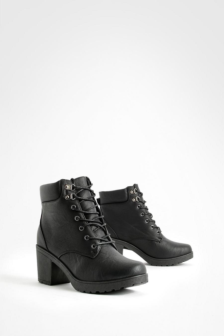 Black Wide Width Lace Up Heeled Combat Boots image number 1